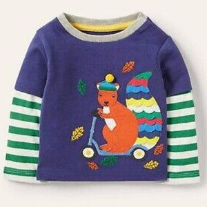 Mini Boden Baby Starboard Blue Squirrel Applique Long Sleeve T-shirt Size 3-6M